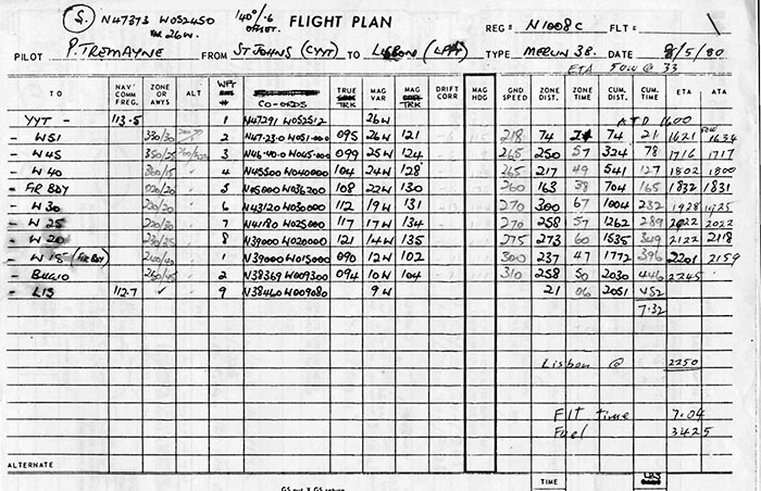 1980 Atlantic Crossing Flight Log from St Johns, Canada, direct to Lisbon, Portugal in a Merlin 3B